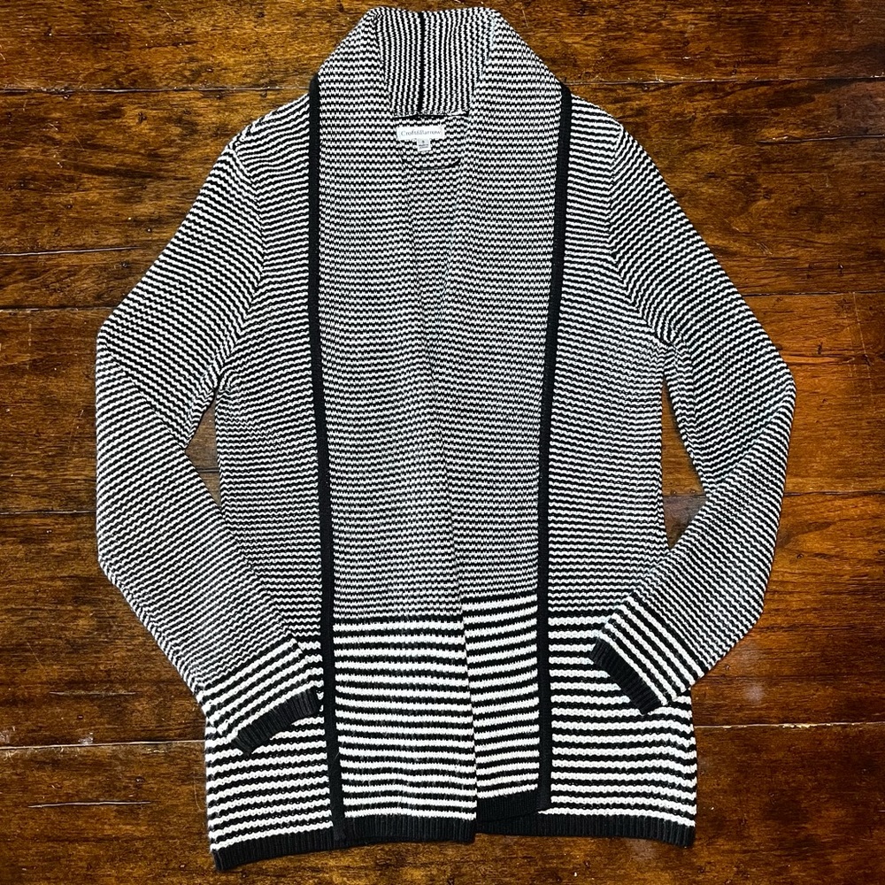 Croft & Barrow Open Front Knit Cardigan Sweater Tunic Black White Classic Size S